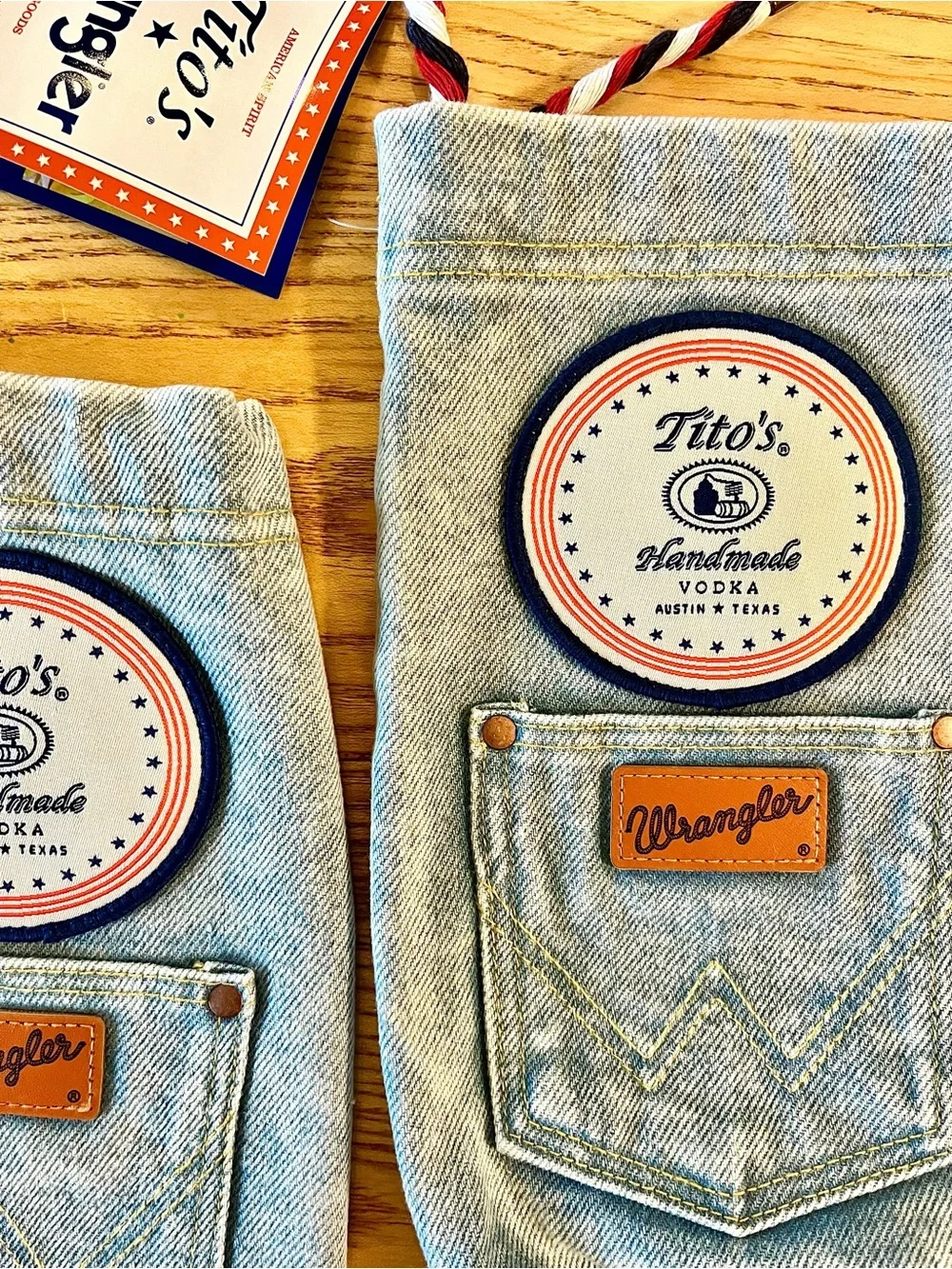Tito’s Vodka x Wrangler Denim Jean Drawstring Bottle Bag Set Of TWO Collectable